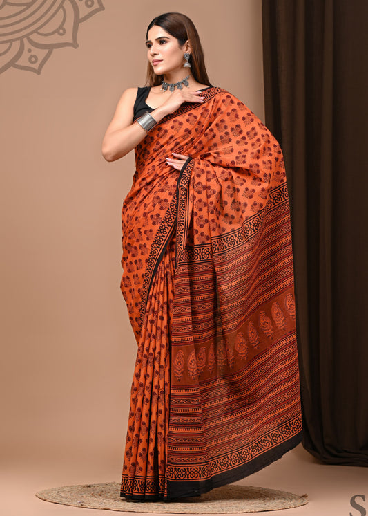 Orange Block Print Mul Saree