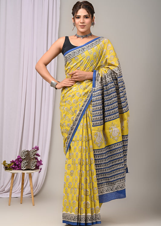 Yellow Hand Block Print Mul Saree
