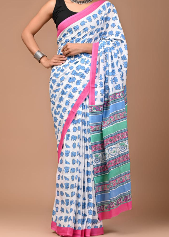 Blue Hathi Block Print Mul