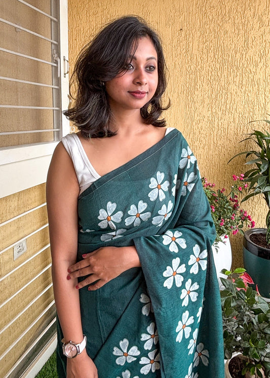 PhoolKatha Cotton Sarees Teal Green