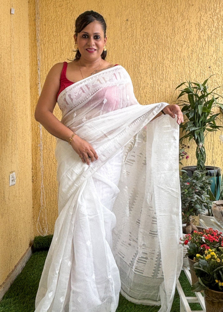 White Self Work jamdani