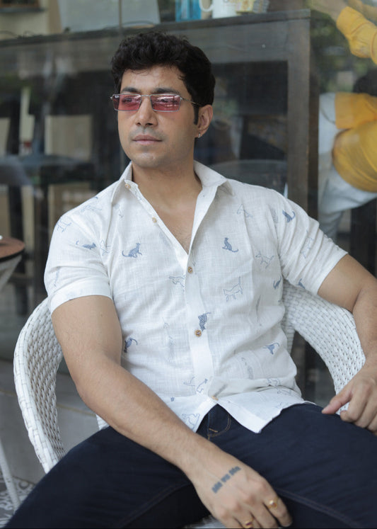 Canvas Whisper Cat Embroidery Men's Shirt