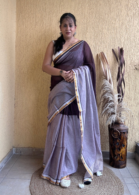 Induja Mul Cotton Saree Maroon & Lavender