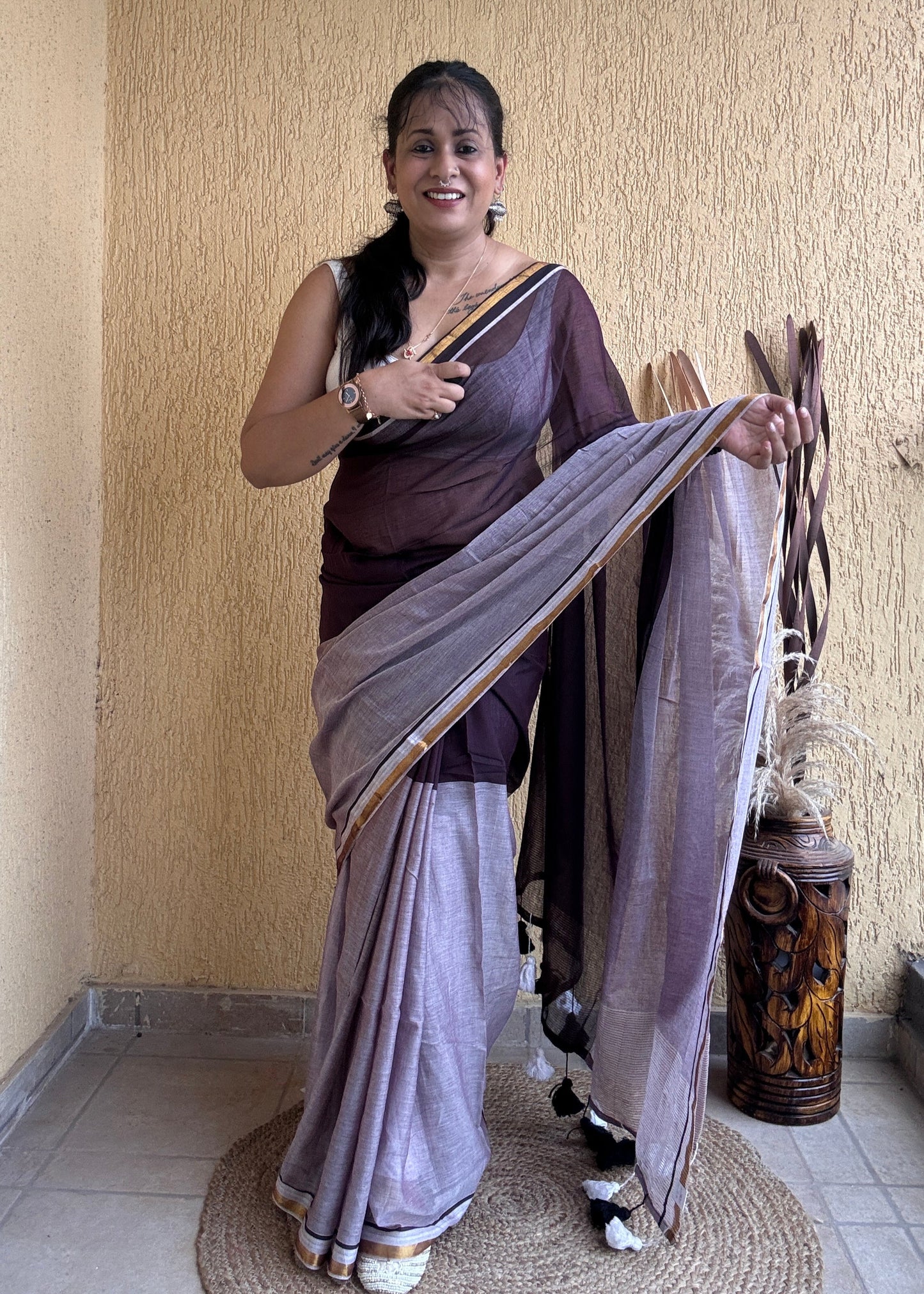 Induja Mul Cotton Saree Maroon & Lavender