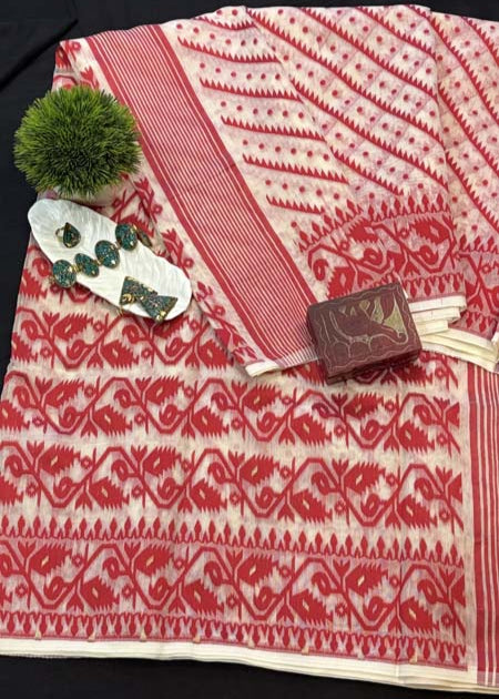 Off White & Red Jamdani