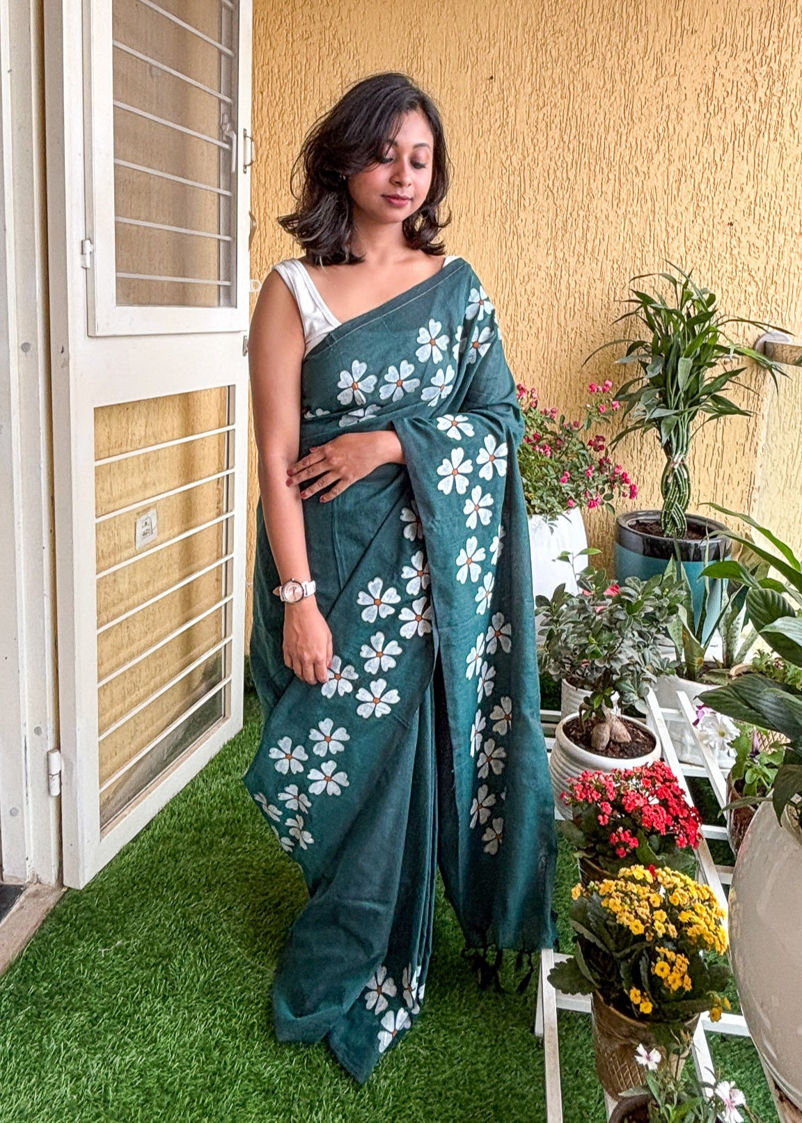 PhoolKatha Cotton Sarees Teal Green