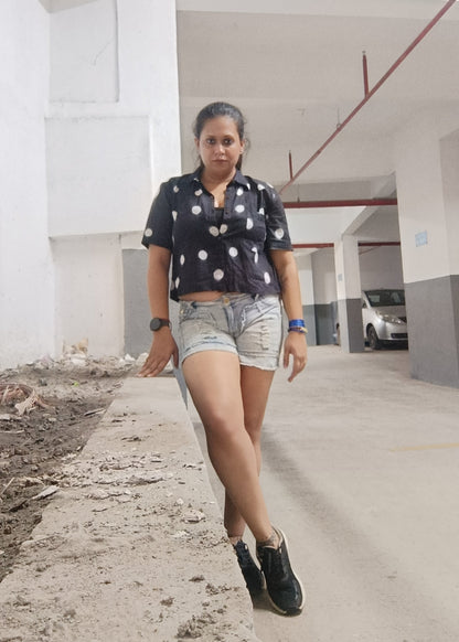 Midnight Mul Hand Block Print Crop Shirt
