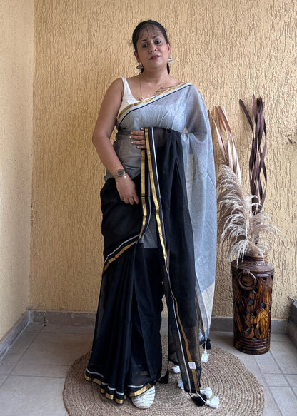 Induja Mul Cotton Saree Gray & Black