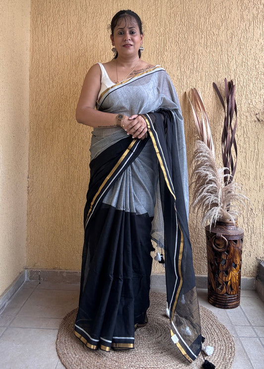 Induja Mul Cotton Saree Gray & Black