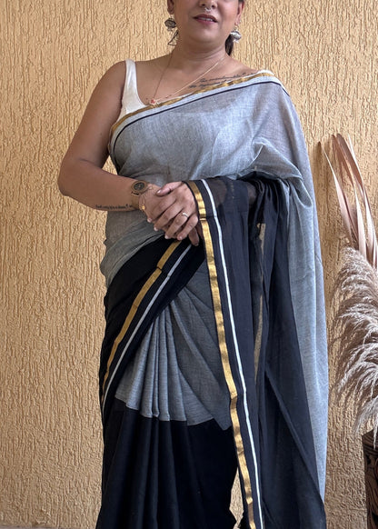 Induja Mul Cotton Saree Gray & Black