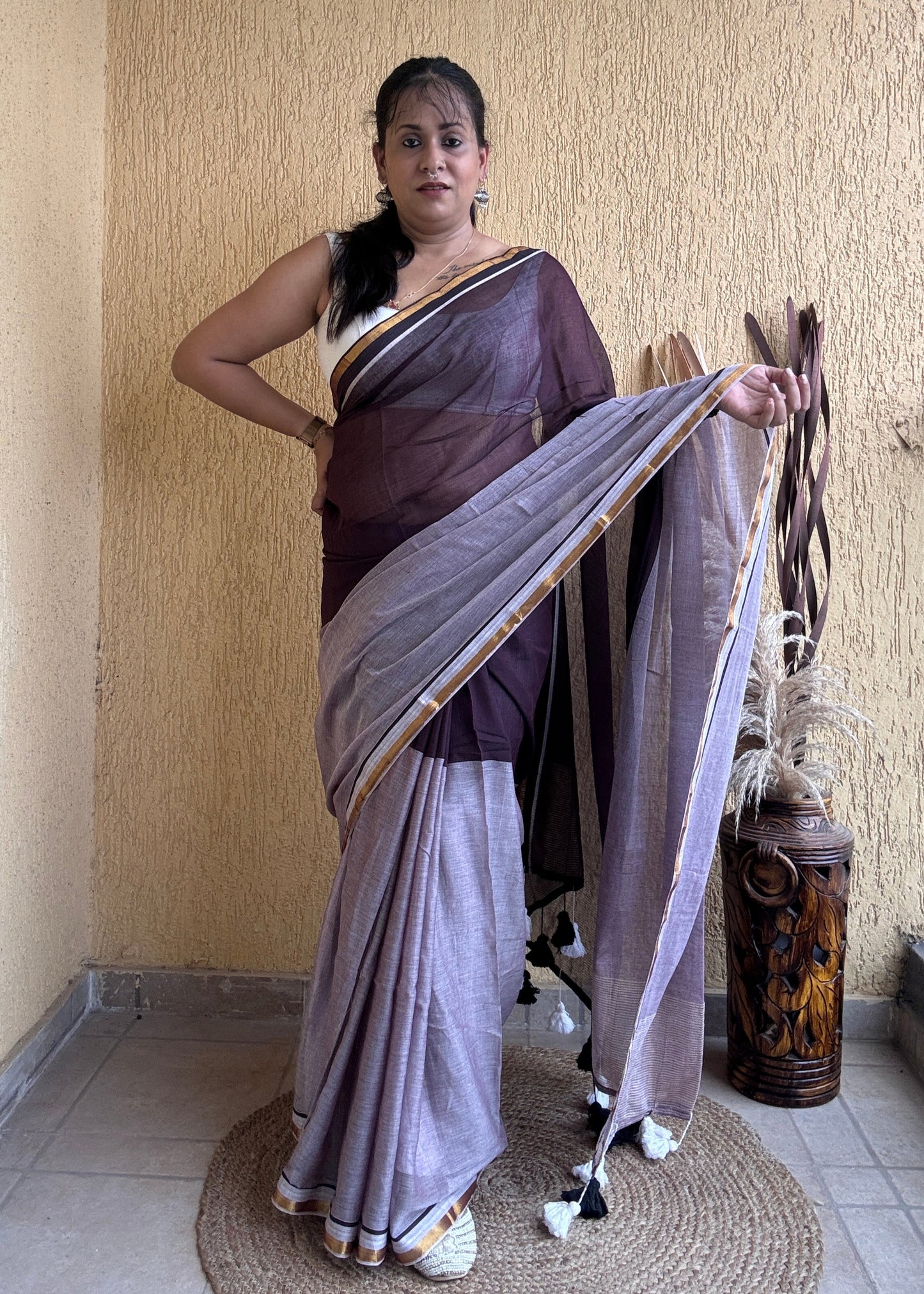Induja Mul Cotton Saree Maroon & Lavender