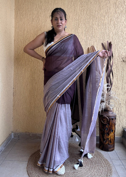 Induja Mul Cotton Saree Maroon & Lavender