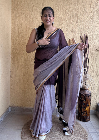 Induja Mul Cotton Saree Maroon & Lavender
