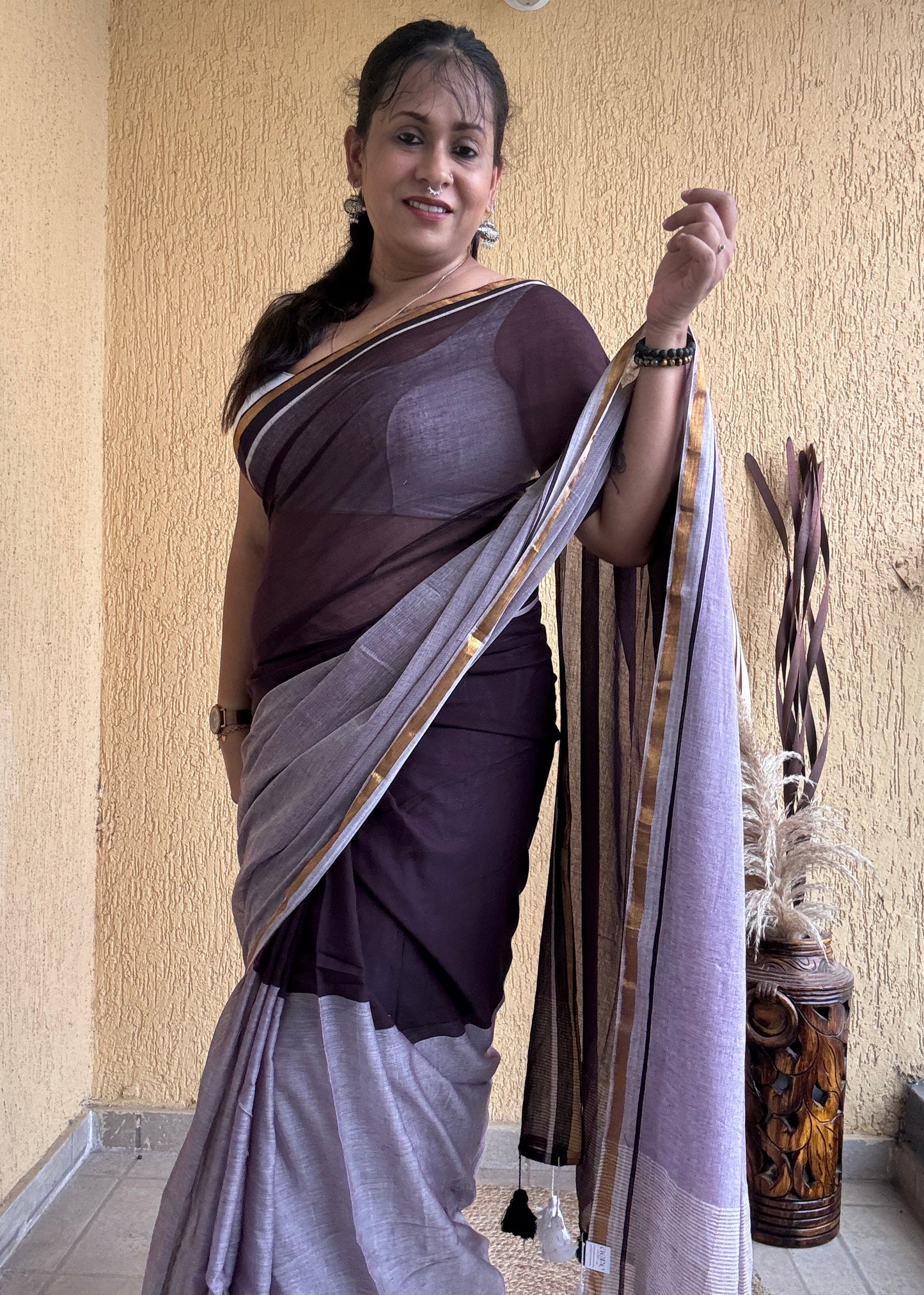 Induja Mul Cotton Saree Maroon & Lavender