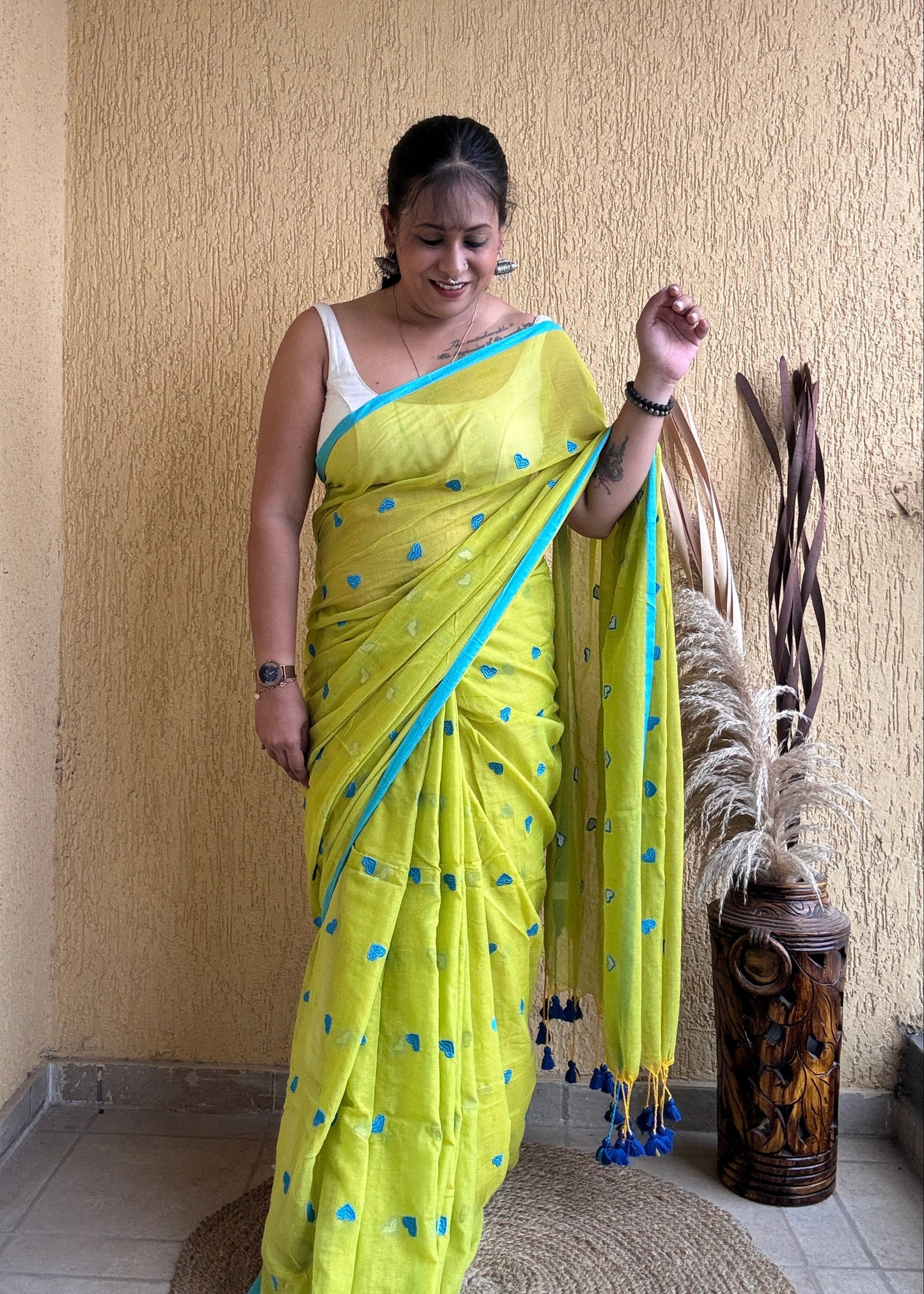 Dilika Mul Saree Lime Green