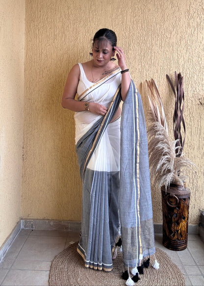 Induja Mul Cotton Saree Gray & White