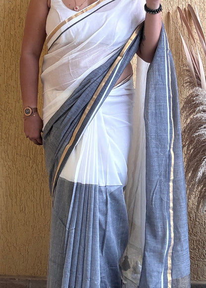 Induja Mul Cotton Saree Gray & White