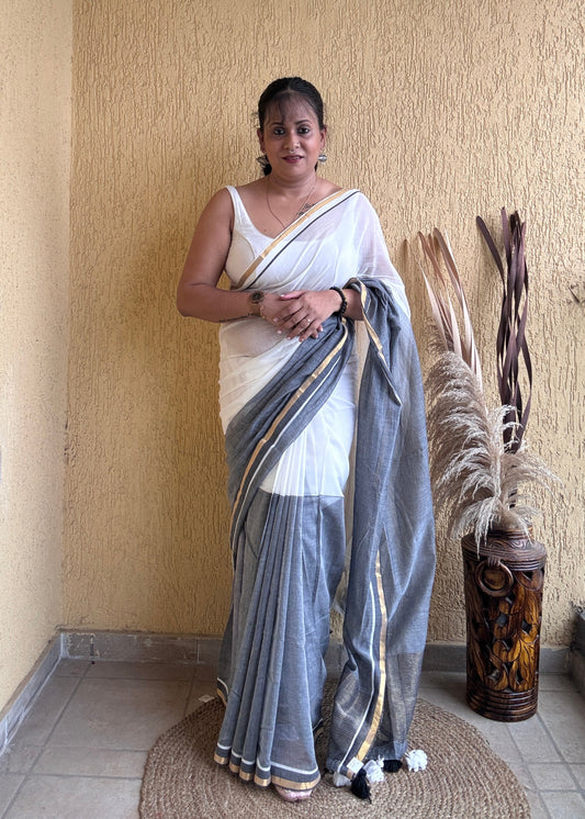 Induja Mul Cotton Saree Gray & White